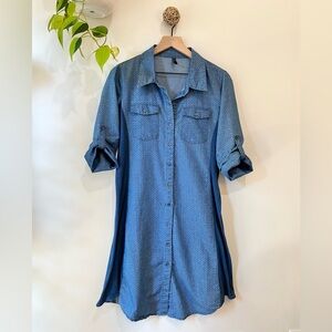 Lapis Button Shirt Dress Geometric Print 3/4 Sleeve Blue Pockets Size Large